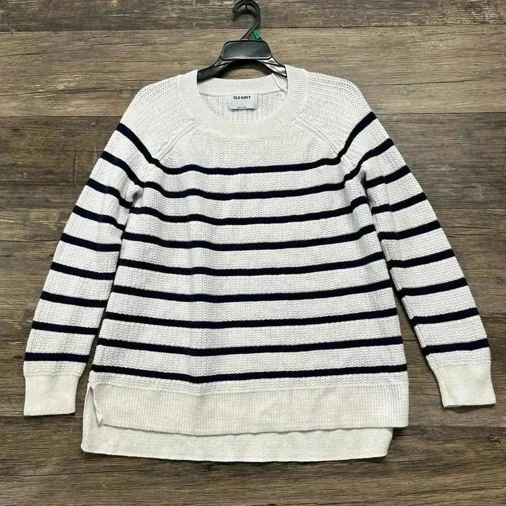 Old Navy Cream and Black Striped Crewneck Sweater